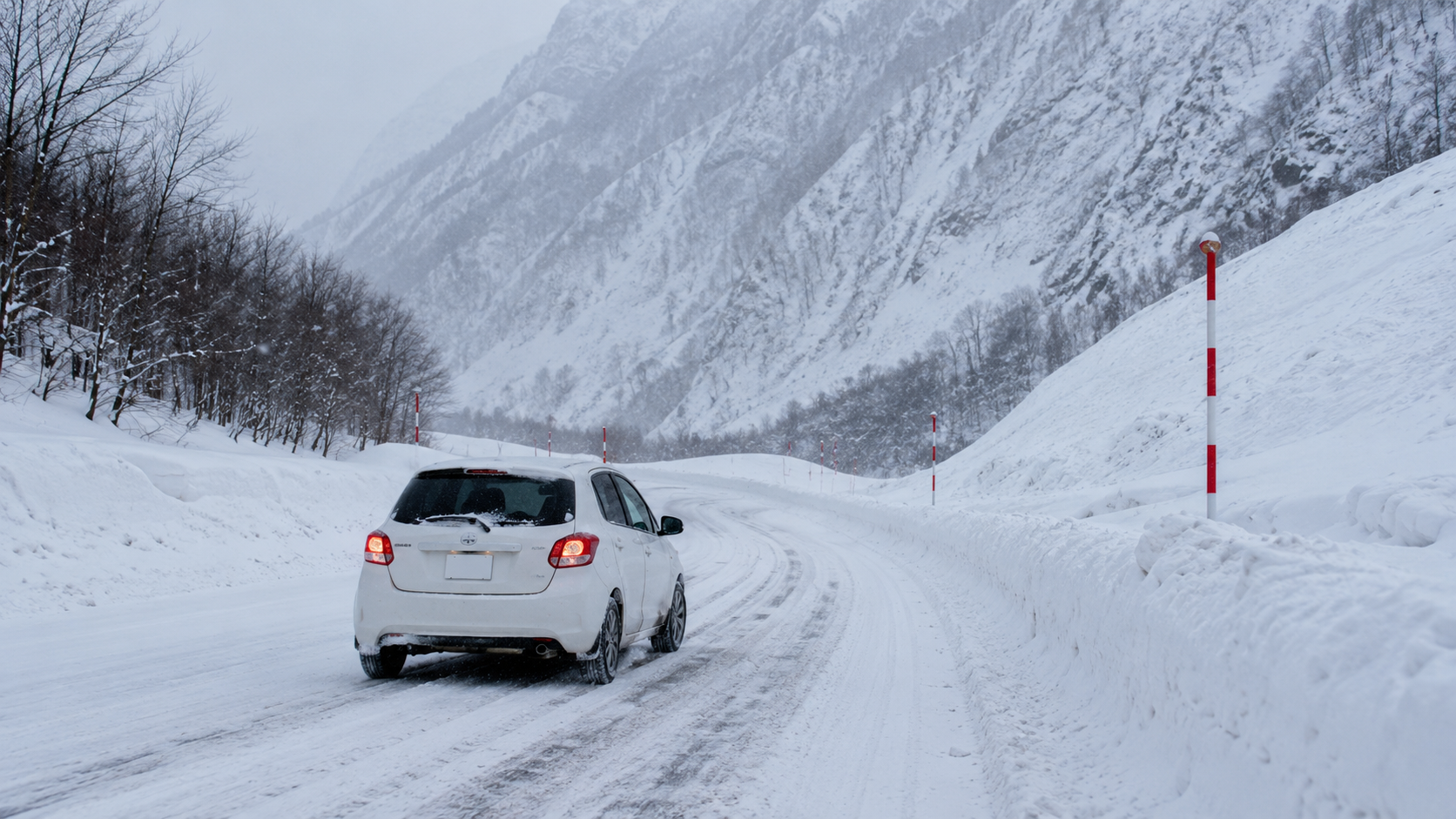 Winter driving caution image showing a rental car on a snowy Hokkaido road with snowbanks and road markers