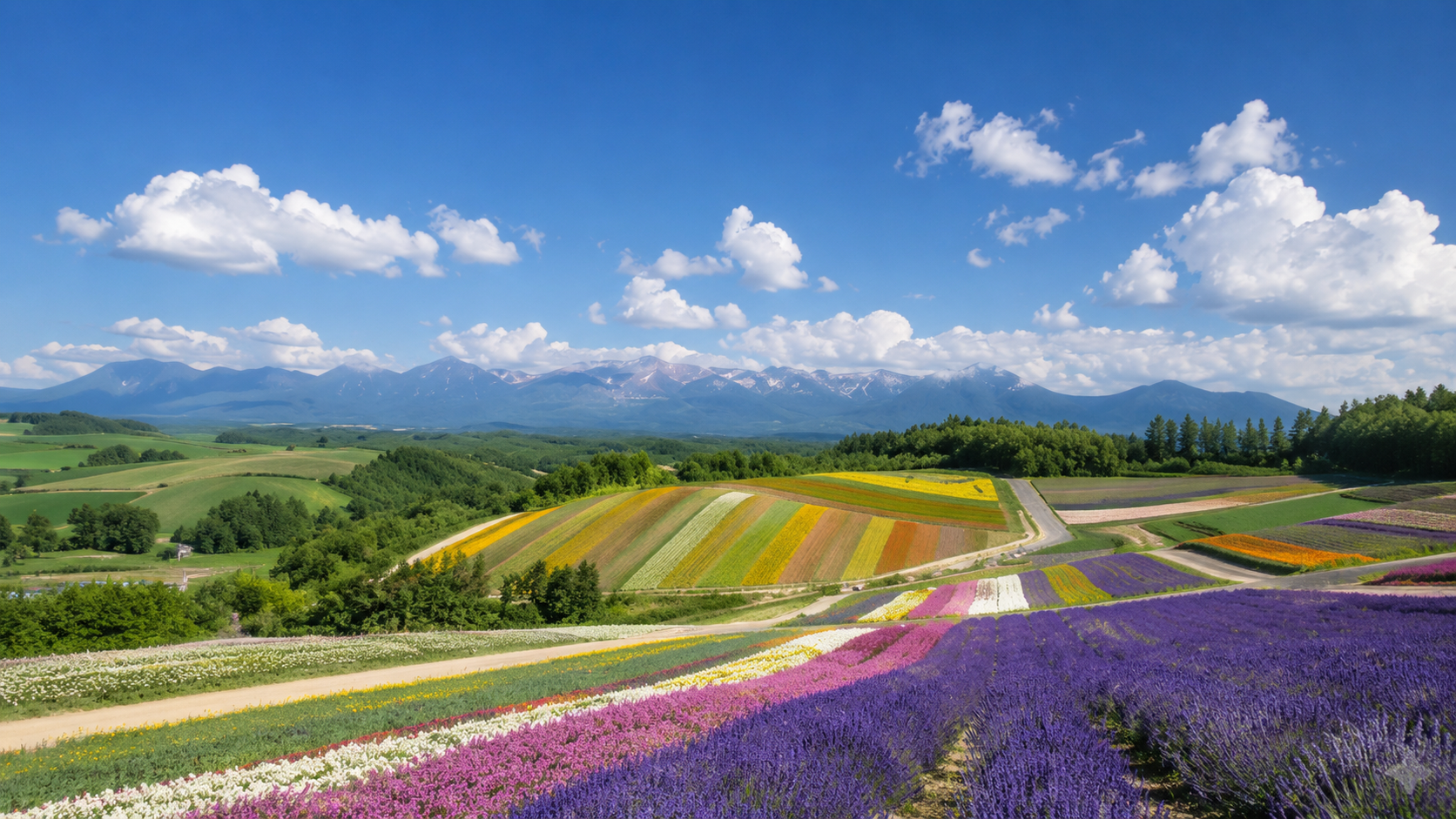 Summer scenery in Furano and Biei with colorful flower fields, rolling hills, and mountains in Hokkaido