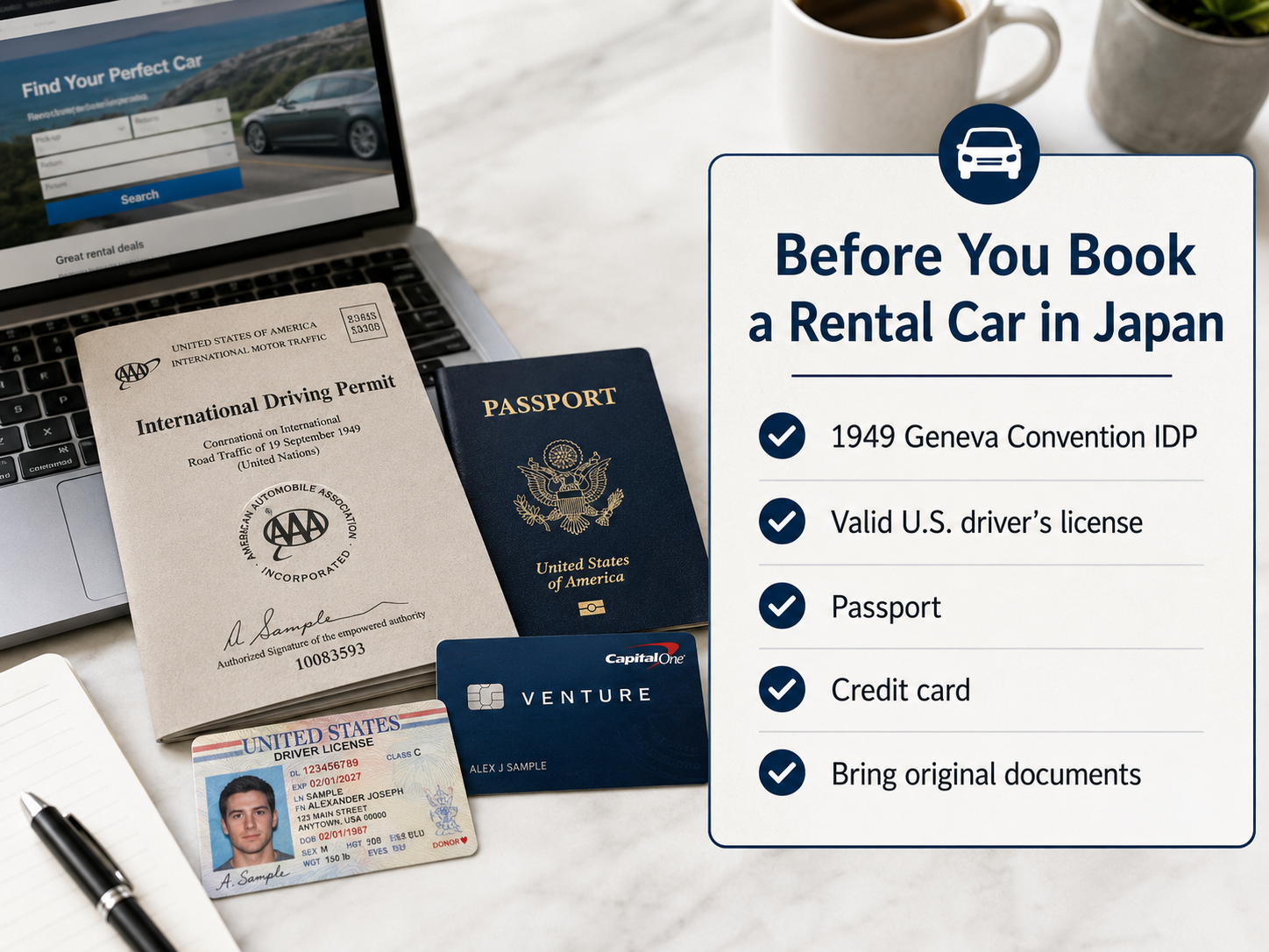 Before booking a rental car in Japan, Americans should check IDP, U.S. driver's license, passport, credit card, and original documents